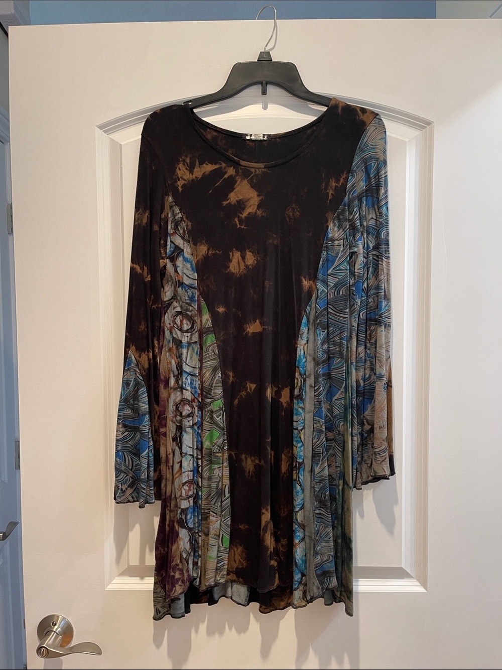Jayli Black Tunic with Brown Tie-Dye and Blue Pattern Panels - Picture 1 of 5